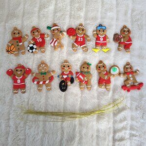Set Of 12 Gingerbread Man Mini Ornaments Sports Theme Plastic Mini Tree Holiday